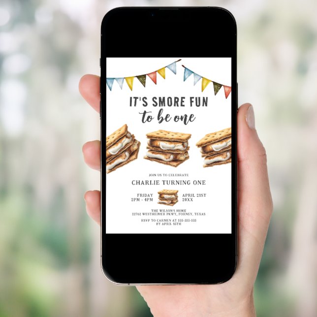 Cute Smores Camping Rustic 1st Birthday Invitation (Front Digital)