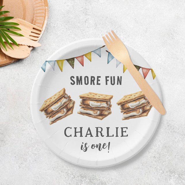 Cute Smores Camping Rustic 1st Birthday Paper Plates (Creator Uploaded)