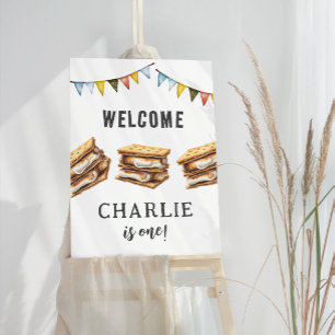 Cute Smores Camping Rustic 1st Birthday Sign