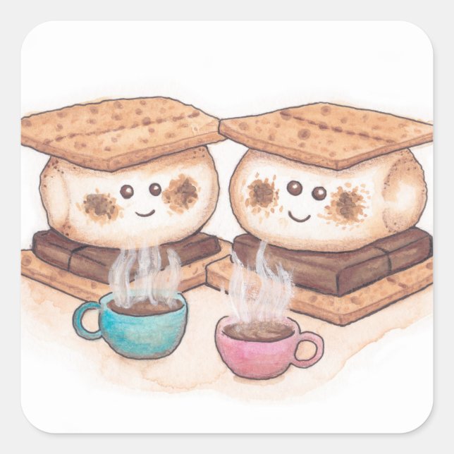 Cute S'mores Couple Coffee Date Square Sticker (Front)
