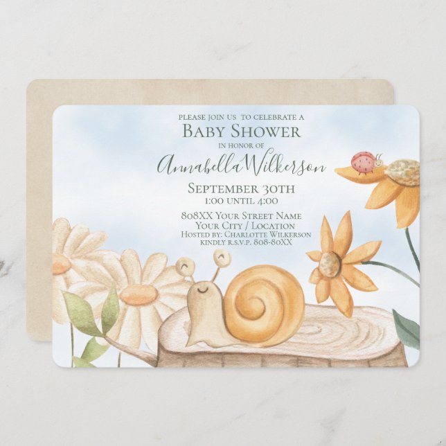 Cute Snail and Ladybug Garden Theme Baby Shower Invitation (Front/Back)