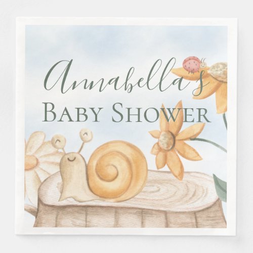 Cute Snail and Ladybug Garden Theme Baby Shower Paper Dinner Napkins
