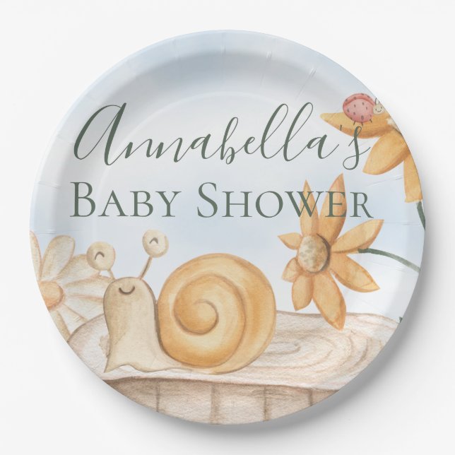 Cute Snail and Ladybug Garden Theme Baby Shower Paper Plates (Front)