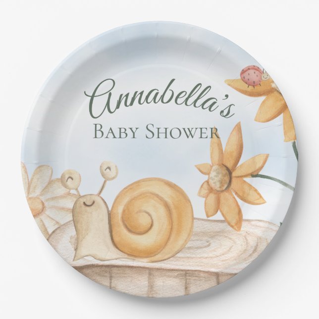 Cute Snail and Ladybug Garden Theme Baby Shower Paper Plates (Front)