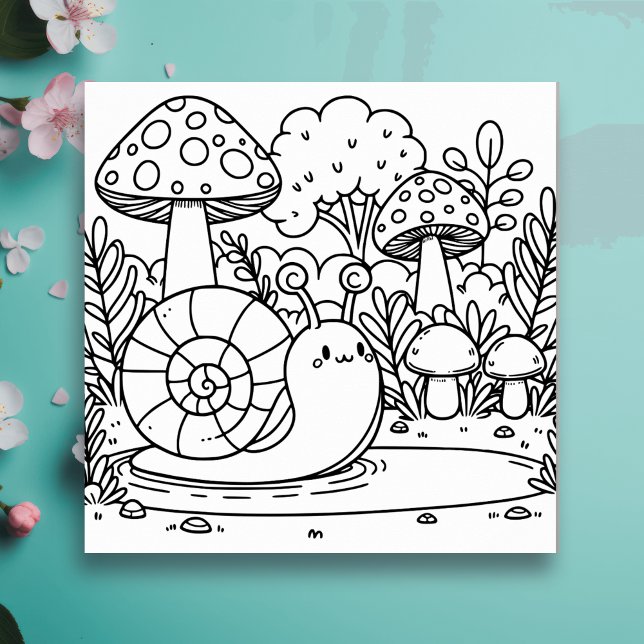 Cute Snail and Mushrooms | Color Me Notecard (Creator Uploaded)