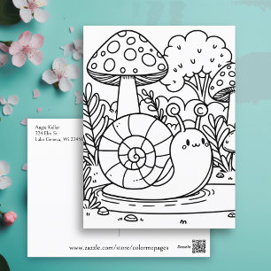 Cute Snail and Mushrooms Color Me Postcard