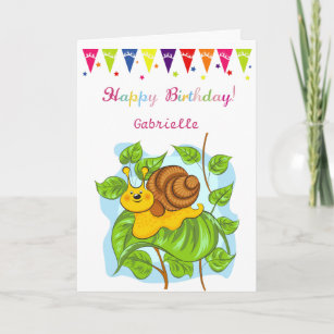 Cute snail, balloons and cake Birthday Card