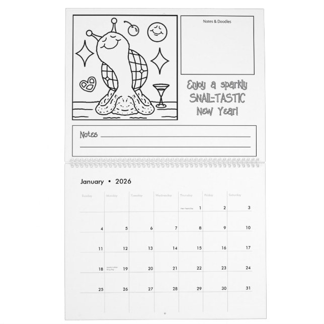 Cute Snail Large 2026 Coloring Calendar (Jan 2026)
