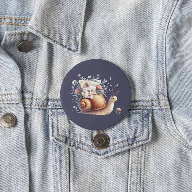 Cute Snail Mail Floral Pastel Illustration Button (In Situ)