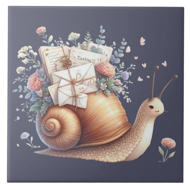 Cute Snail Mail Floral Pastel Illustration Ceramic Tile (Front)