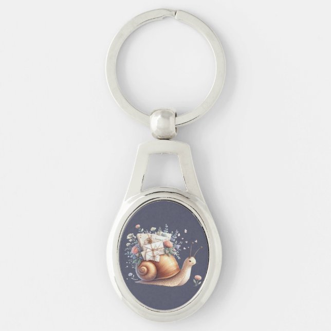 Cute Snail Mail Floral Pastel Illustration Keychain (Front)