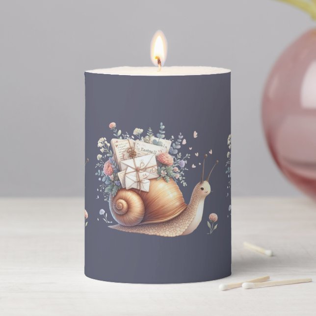 Cute Snail Mail Floral Pastel Illustration Pillar Candle (In Situ)