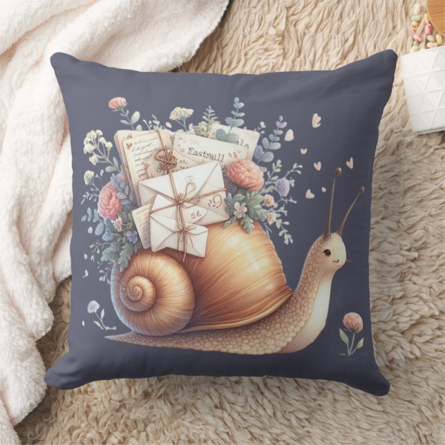 Cute Snail Mail Floral Pastel Illustration Throw Pillow (Blanket)