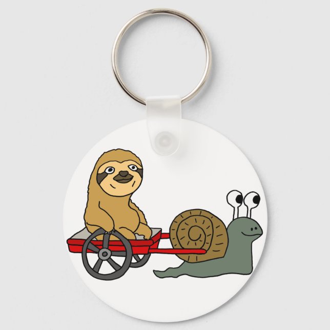 Cute Snail Pulling Sloth in Red Wagon Keychain (Front)