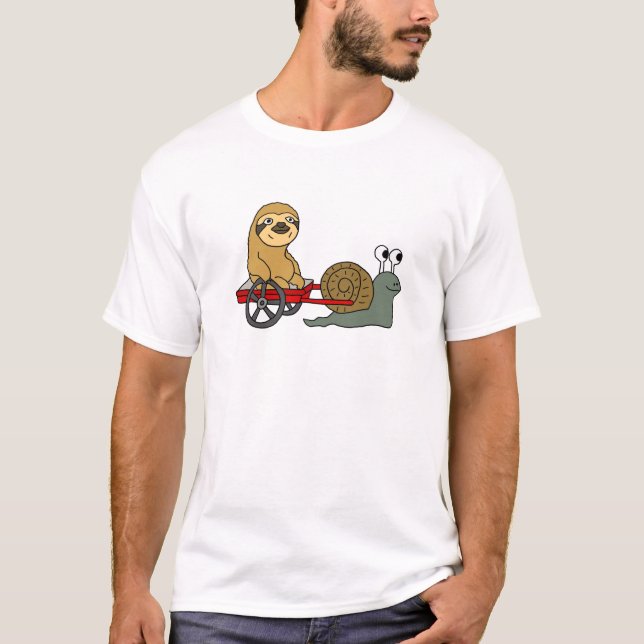 Cute Snail Pulling Sloth in Red Wagon T-Shirt (Front)
