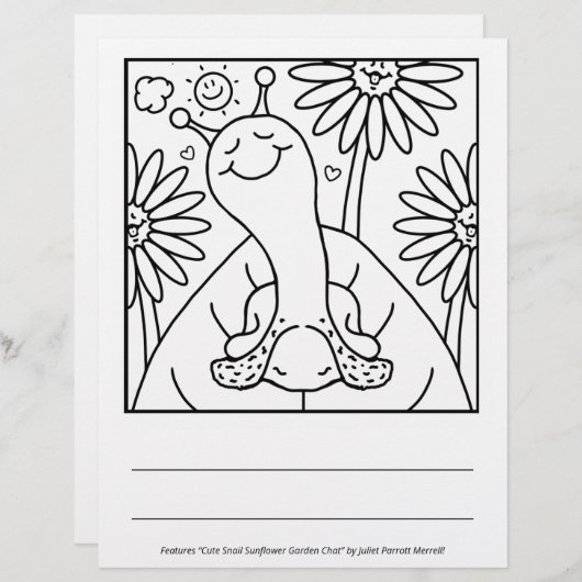 Cute Snail Summer Sunflower Garden Coloring Page (Front/Back)