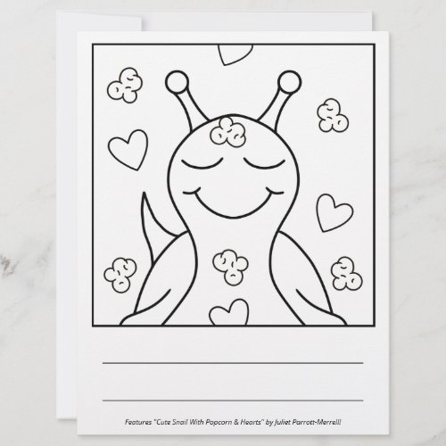 Cute Snail With Popcorn And Hearts Coloring Page