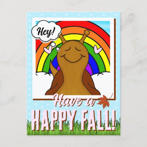 Cute Snail With Rainbow And Leaf Fall Postcard