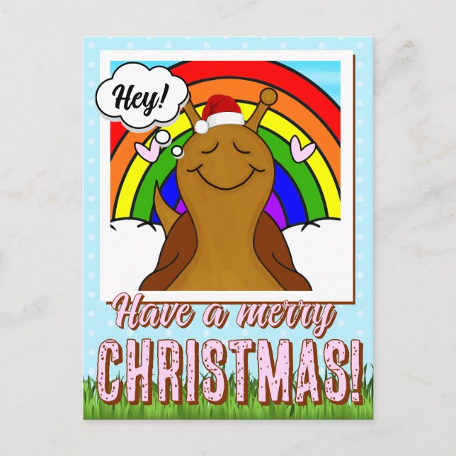 Cute Snail With Rainbow Merry Christmas | Holiday Postcard (Front)