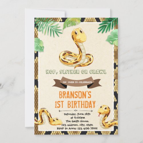 Cute snake reptile birthday party invitation