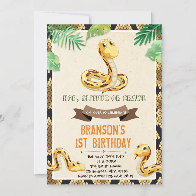 Cute snake reptile birthday party invitation | Zazzle