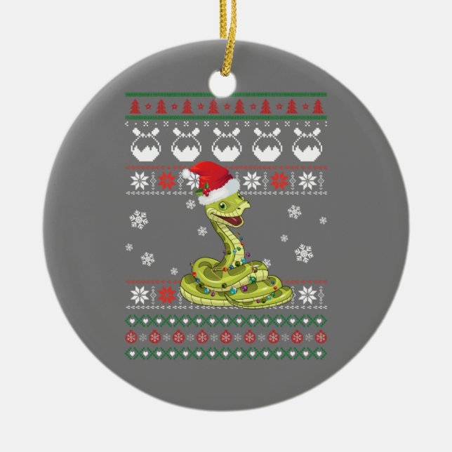 Cute Snake Ugly Sweater Christmas Light Pajama Ceramic Ornament (Front)