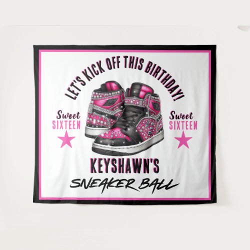 Cute Sneaker Ball Pink &amp; Black Birthday Backrop Tapestry