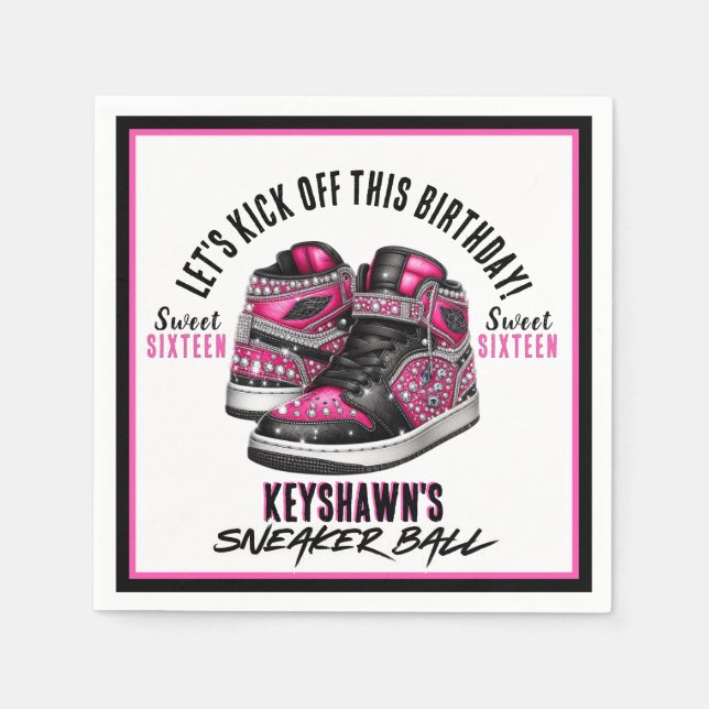 Cute Sneaker Ball Pink & Black Birthday Napkins (Front)