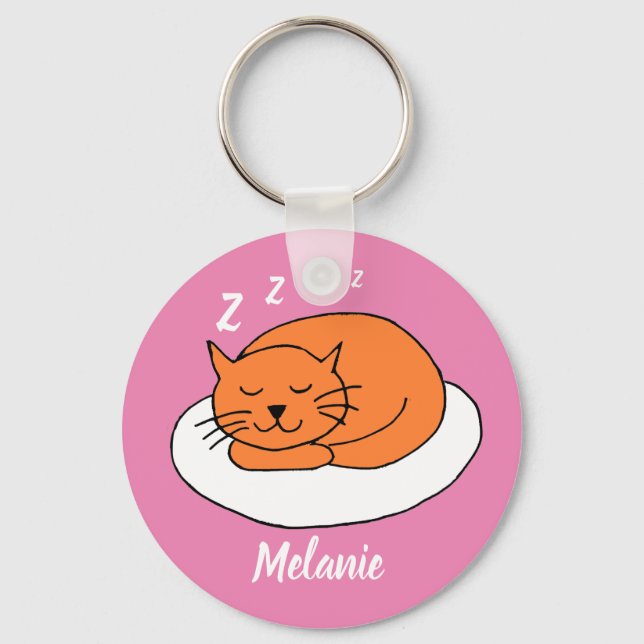 Cute Snoozing Cat Pink Keychain (Front)
