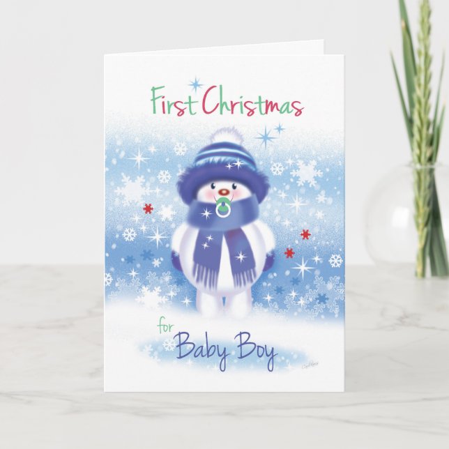Cute snow baby, 1st Christmas, baby Boy card (Front)