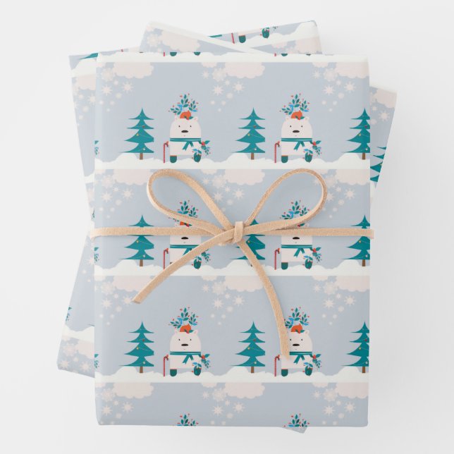 Cute Snow Bear Kids Christmas Wrapping Paper Sheets (In situ)
