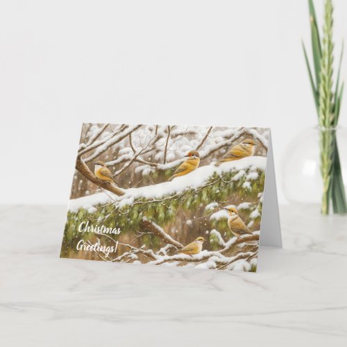 Cute Snow Birds on Snow Falling Christmas Holiday Card