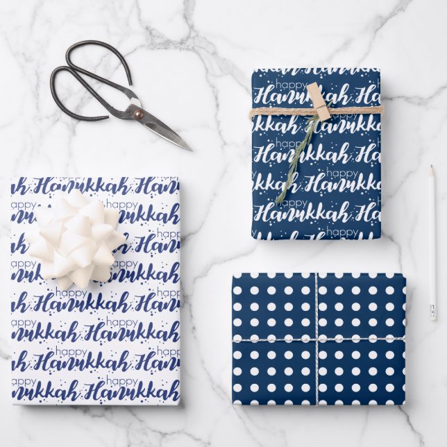 Cute Snow Bubbles & Polka Dot Happy Hanukkah Wrapping Paper Sheets (Front)