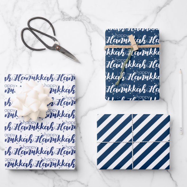 Cute Snow Bubbles & Stripes Happy Hanukkah Wrapping Paper Sheets (Front)