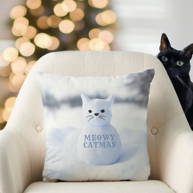 Cute Snow Cat Meowy Catmas Snowflakes Christmas Throw Pillow (Meowy Catmas! Here's a fun & festive snow cat/winter snowflakes pillow. Your cat will love it! 😺)