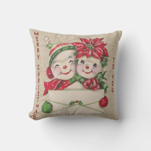 Cute Snow Couple wishing you a Merry Christmas Throw Pillow