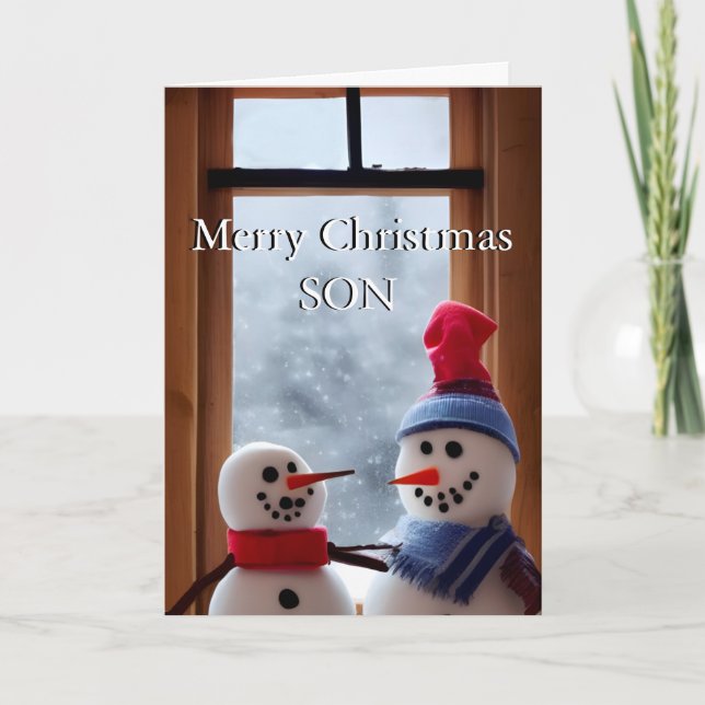 Cute Snow Dad & Son Merry Christmas Card (Front)