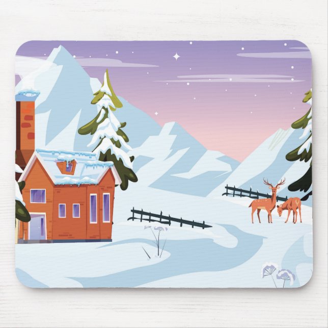 Cute Snow Filled Winter Scene with Deer Mouse Pad (Front)