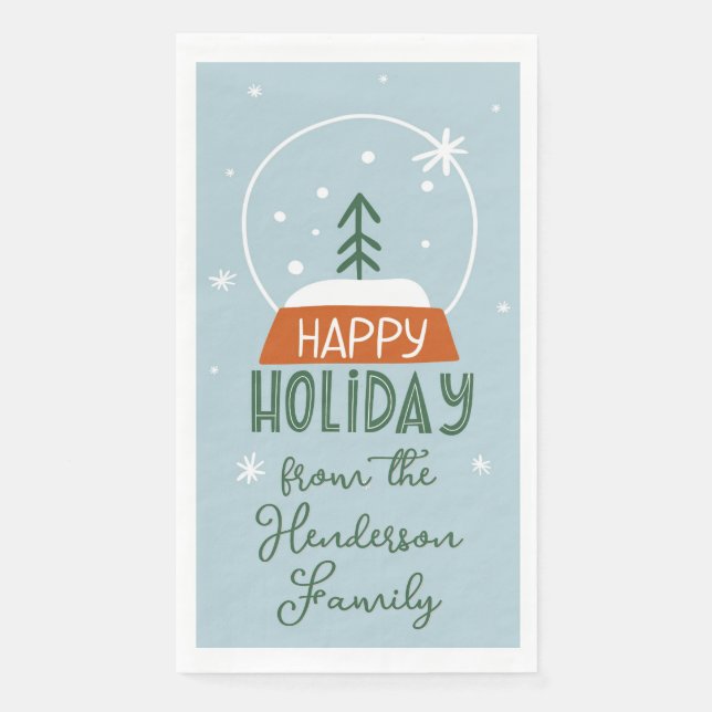 Cute Snow Globe Happy Holiday Light Blue Paper Guest Towels (Front)