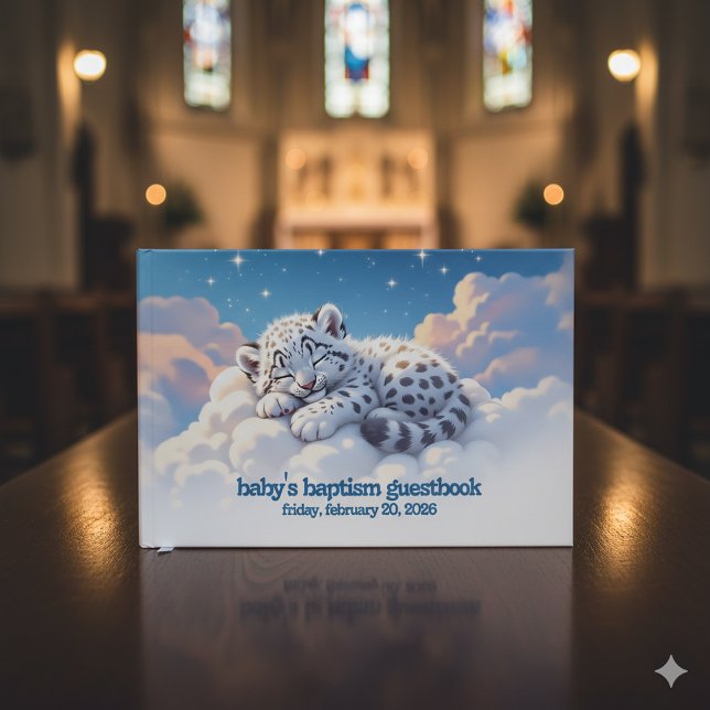 Cute Snow Leopard Asleep on Clouds Baby Baptism Guest Book (Baby Snow Leopard Baby Baptism Guestbook Cover Photo)