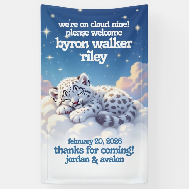 Cute Snow Leopard Asleep on Clouds Baby Shower Banner (Vertical)