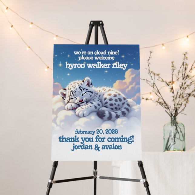 Cute Snow Leopard Asleep on Clouds Baby Shower Foam Board (In Situ (Stand))