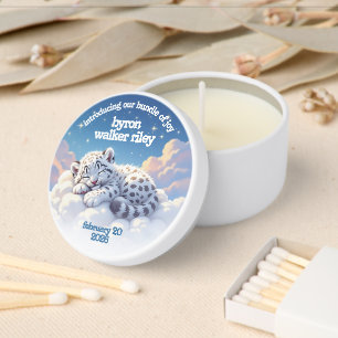 Cute Snow Leopard Asleep on Clouds Baby Shower Mini Candle Favors