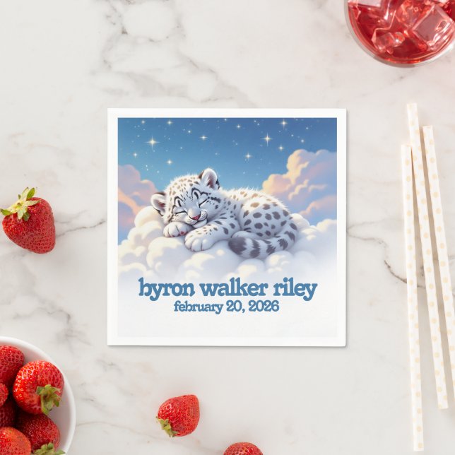 Cute Snow Leopard Asleep on Clouds Baby Shower Napkins (Insitu)