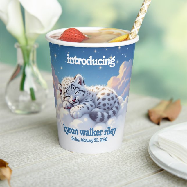 Cute Snow Leopard Asleep on Clouds Baby Shower Paper Cups (Insitu)