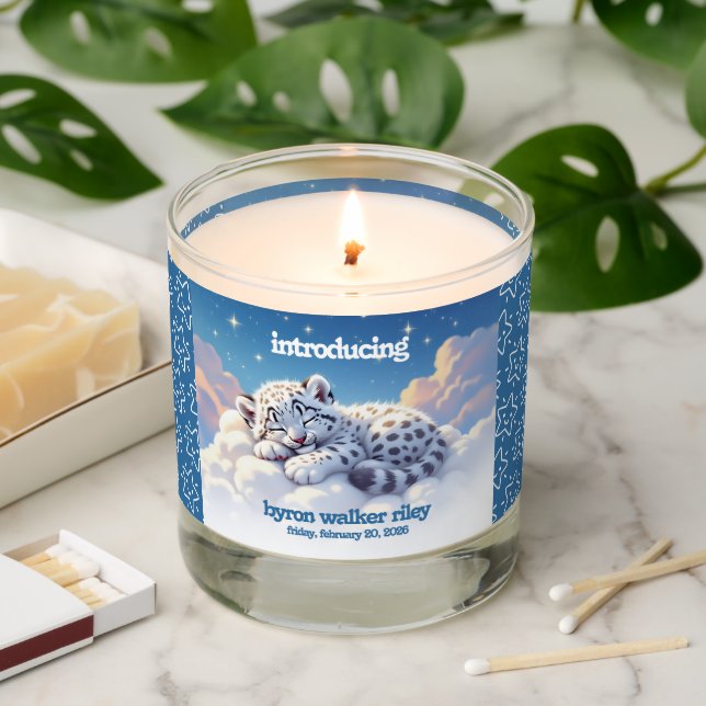 Cute Snow Leopard Asleep on Clouds Baby Shower Scented Candle (Lit)