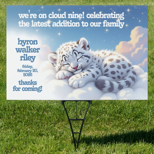 Cute Snow Leopard Asleep on Clouds Baby Shower Sign (Insitu)