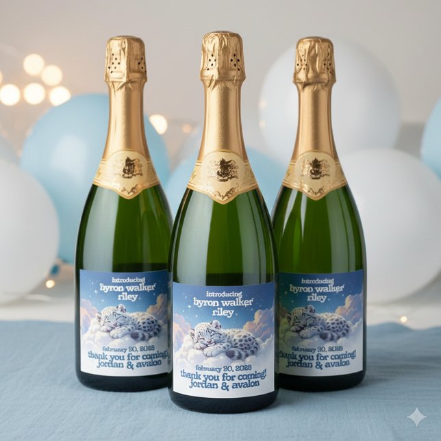 Cute Snow Leopard Asleep on Clouds Baby Shower Sparkling Wine Label (Baby Snow Leopard Sleeping on Clouds Baby Shower Sparkling Wine Labels Cover Photo)