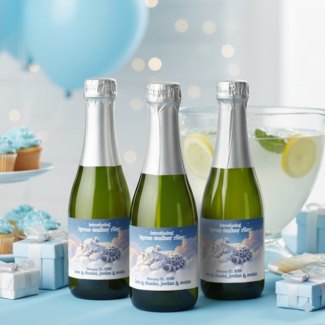 Cute Snow Leopard Asleep on Clouds Baby Shower Sparkling Wine Label (Baby Snow Leopard Mini Sparkling Wine Labels Cover Photo)