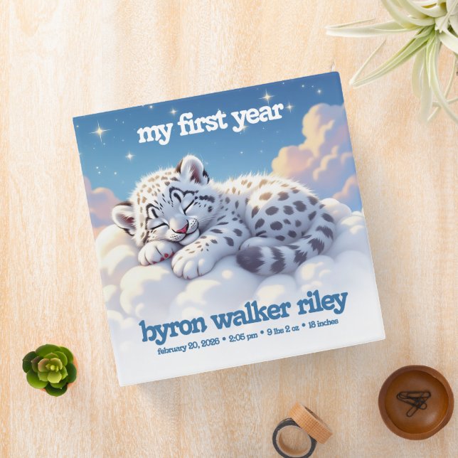 Cute Snow Leopard Asleep on Clouds Baby's 1st Year 3 Ring Binder (In Situ)